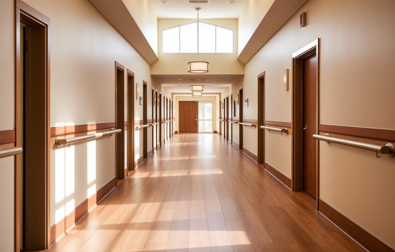 Senior living corridor with continuous LVP flooring, handrails, and natural light