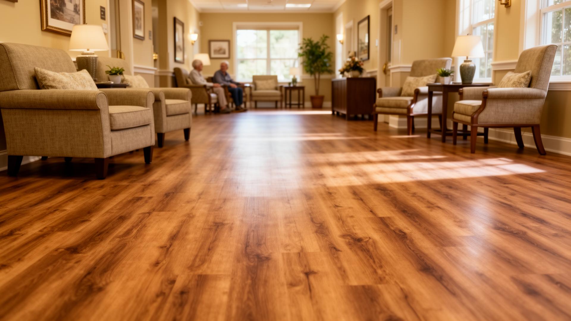 Senior living community common area with warm wood-look luxury vinyl plank flooring